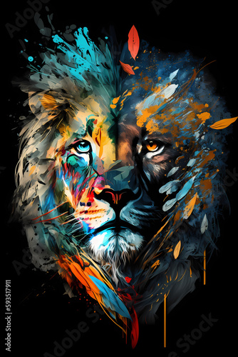 fantasy abstract portrait lion with a colorful, generative ai