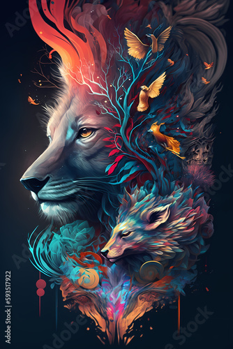 fantasy abstract portrait lion with a colorful, generative ai