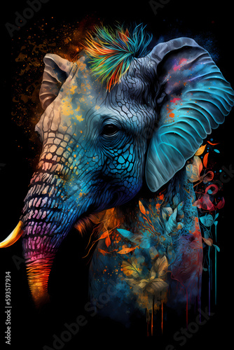 fantasy abstract portrait elephant with a colorful, generative ai