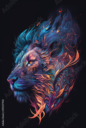 fantasy abstract portrait lion with a colorful, generative ai