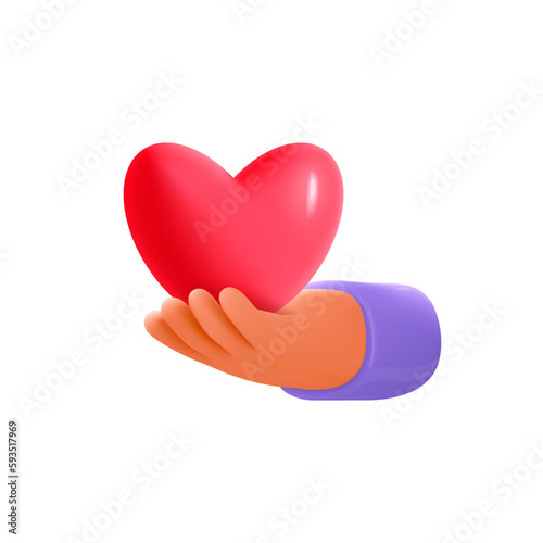 Hand hold in the palm of his hand red heart. Arm and red heart. Concept love, health, charity,help, insurance. 3d cartoon vector icon for social media