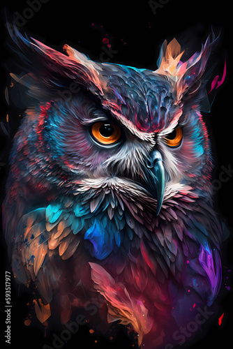 fantasy abstract portrait owl with a colorful, generative ai