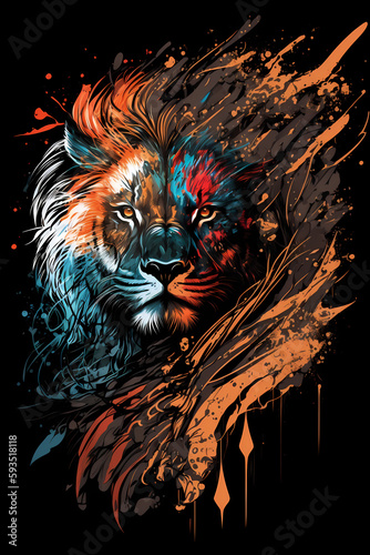 Fantasy abstract badass lion portrait painting with a colorful for T-shirt design.
