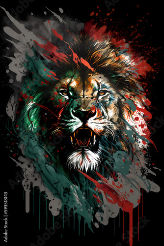 Fantasy abstract badass lion portrait painting with a colorful for T-shirt design.