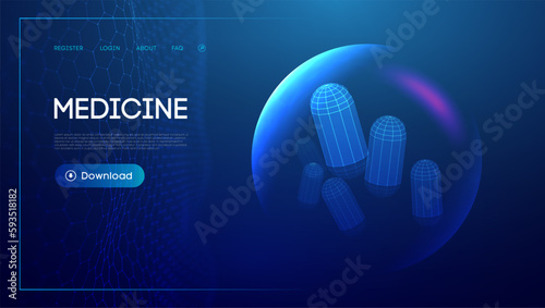 Nutrition pill 3d wireframe object. Technology pill production concept. Capsule tech blue background.