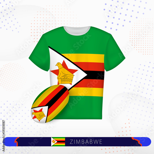 Zimbabwe rugby jersey with rugby ball of Zimbabwe on abstract sport background.