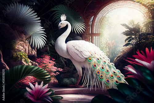 White peacock in a fantasy tropical garden, generative ai illustration photo