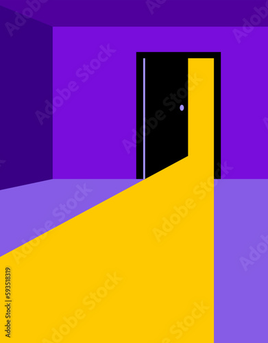 Half open secret door new opportunities concept vector illustration, fear of the unknown, step inside the future, what is behind, what is there.