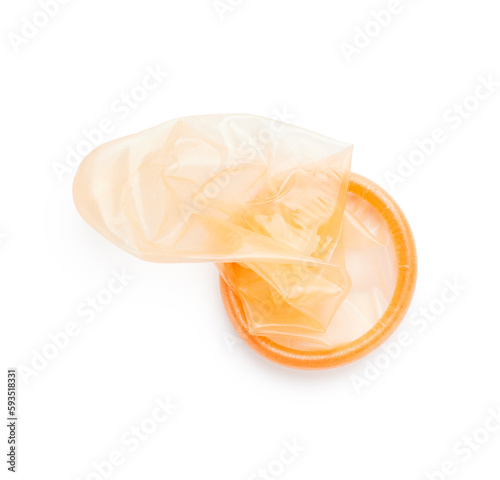 Orange color condom isolated on white background. Healthy lifestyle