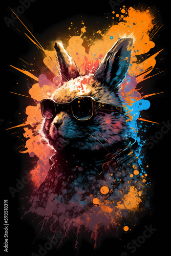 Fantasy abstract badass rabbit portrait painting with a colorful for T-shirt design.
