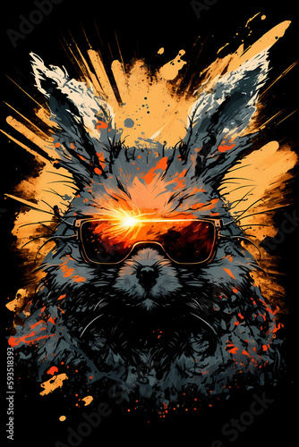 Fantasy abstract badass rabbit portrait painting with a colorful for T-shirt design.