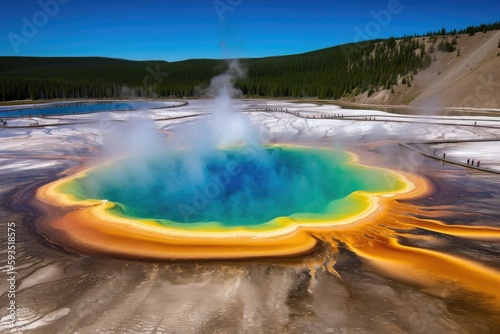 Hot spring with bright blue water and steam, geyser. National park. Generative AI