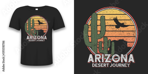 Arizona t-shirt design with cactus, eagle and rock mountains. Vintage t shirt print with grunge. Arizona tee shirt design. Vector.