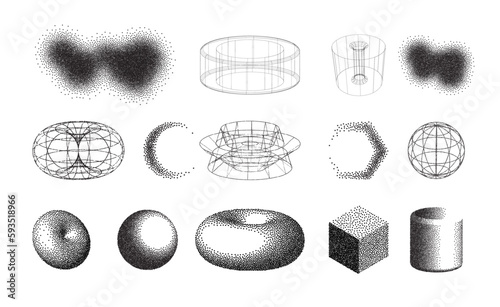 Geometric shapes set. Stipple polygonal graphic elements.