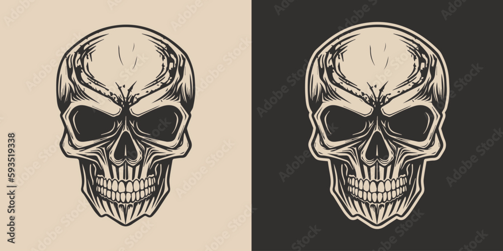 Set of vintage retro scary skull. Can be used like emblem, logo, badge, label. mark, poster or print. Monochrome Graphic Art. Vector. Hand drawn element in engraving.