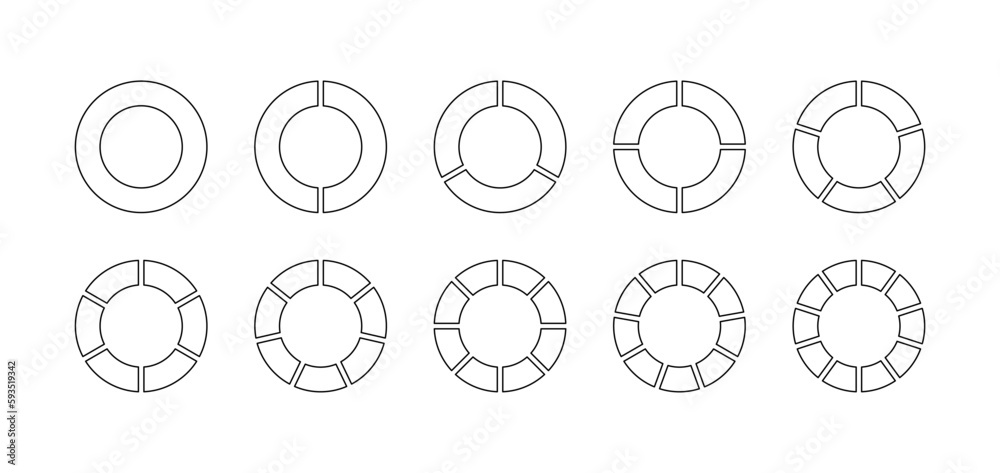 Outline circle section template. Circular structure chart. Set schemes with sectors. Ring graph divided into pieces. Pie diagram. Piechart with segments and slices. Vector illustration Outline circle section template. Circular structure chart. Set schemes with sectors. Ring graph divided into pieces. Pie diagram. Piechart with segments and slices. Vector illustration
