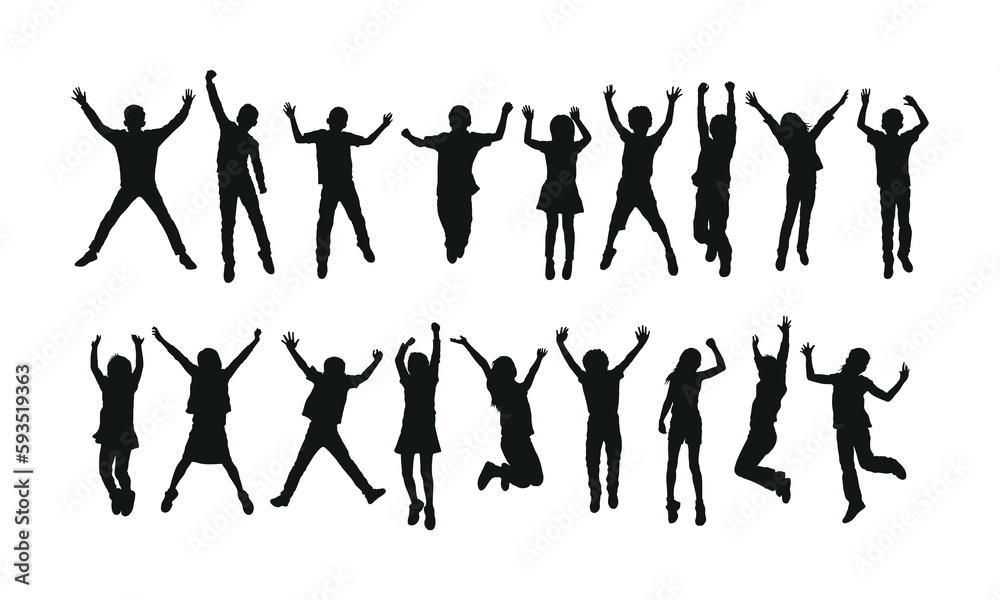 Large group of happy kids jumping together with their hands raised in the air vector silhouette set.