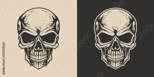 Set of vintage retro scary skull. Can be used like emblem, logo, badge, label. mark, poster or print. Monochrome Graphic Art. Vector. Hand drawn element in engraving. © Graphic Warrior