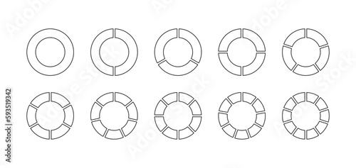 Outline circle section template. Circular structure chart. Set schemes with sectors. Ring graph divided into pieces. Pie diagram. Piechart with segments and slices. Vector illustration