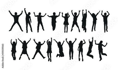 Large group of happy kids jumping together with their hands raised in the air vector silhouette set.