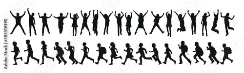 Large group of happy kids jumping and running together vector silhouette set.