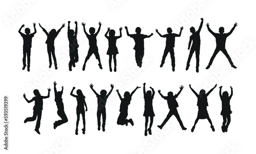 Silhouette kids jumping together with hands up vector set.