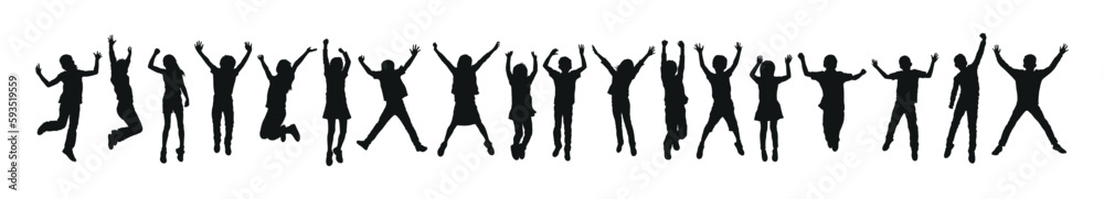 Kids jumping together with hands up vector silhouette set. Kids jumping together with hands up vector silhouette set.