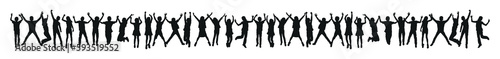 Large group of happy kids jumping together vector silhouette set.