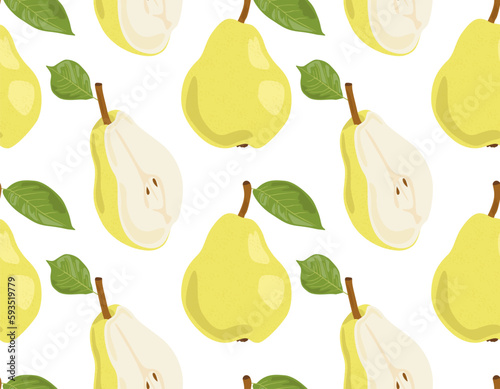 Whole pears and their halves with leaves. Seamless pattern in vector. Suitable for print and background.