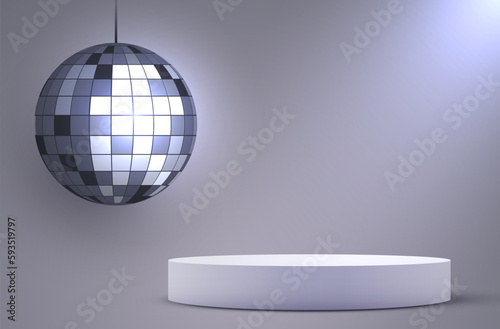 Abstract scene background. Cylinder podium with disco ball. Product presentation, mock up, night show. Podium, stage pedestal or platform.