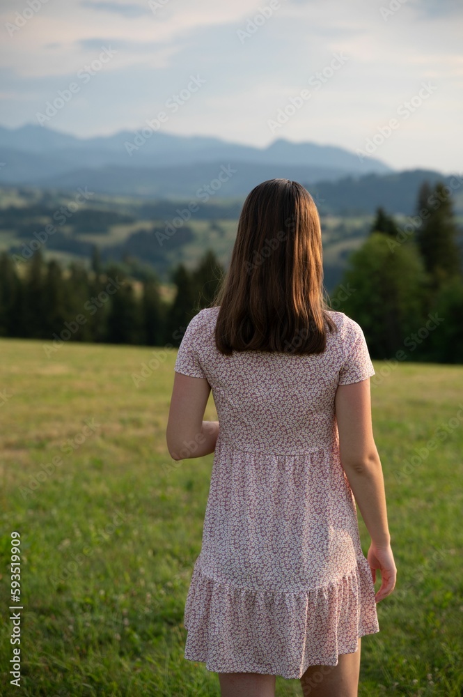 Rear view of a young girl in summer dress enjoying the view, vertica