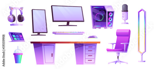 Isolated game computer in streamer room interior vector set. Cartoon neon computer, chair and keyboard futuristic equipment for geek workstation. Headphones with gamepad and monitor for gamer office