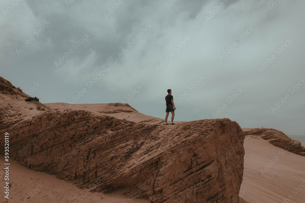 This young Moroccan man stands on a Rock near Tifnit, a small village in the Sous-Massa National Park in the south-west of the country