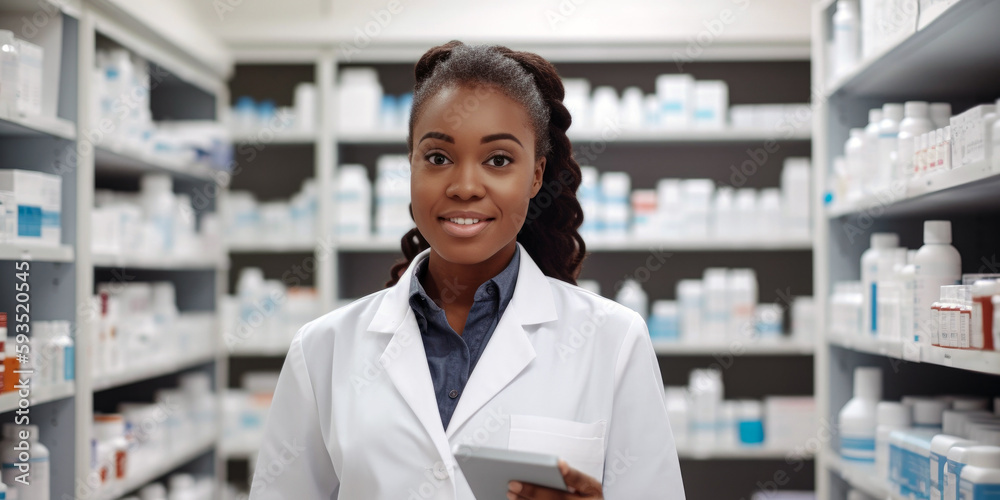African American pharmacist smiling at the camera, delivering expert medication services. Promoting public health and offering comprehensive pharmaceutical care, generative ai