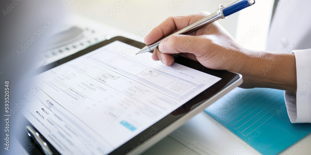 Close-up of a doctor using a digital tablet to review a patient's medical chart, generative ai Close-up of a doctor using a digital tablet to review a patient's medical chart, generative ai