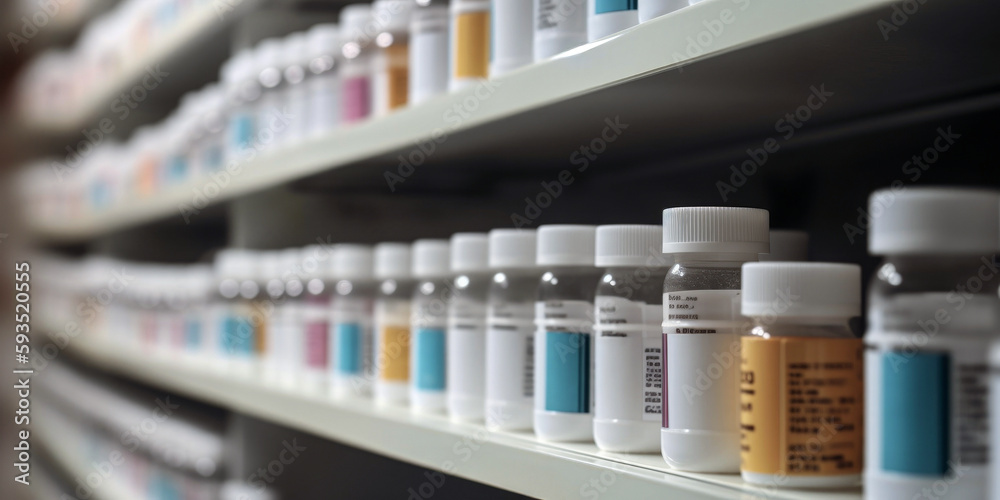 pharmacy shelf filled with rows of pill bottles, generative ai 