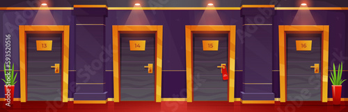 Hotel hallway corridor with apartment room door in building. Lobby interior with closed bedroom with lamp and light in motel aisle. Hostel or condominium illustration. Modern college campus design