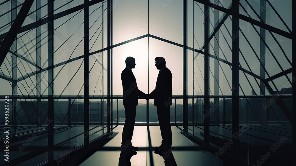 silhouettes two businessmen handshake in cooperation agreement concept at office and successful business partner. business man shaking hands to seal a deal with his partner. Generative Ai. silhouettes two businessmen handshake in cooperation agreement concept at office and successful business partner. business man shaking hands to seal a deal with his partner. Generative Ai.