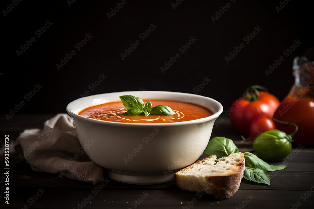 Tomato soup with basil and bread, white bowl Tomato soup with basil and bread, white bowl