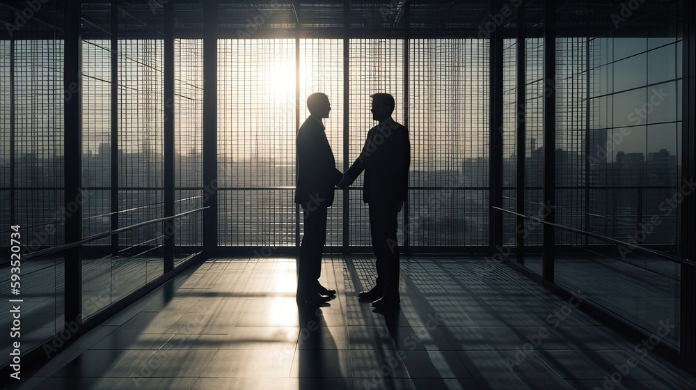 silhouettes two businessmen handshake in cooperation agreement concept at office and successful business partner. business man shaking hands to seal a deal with his partner. Generative Ai.