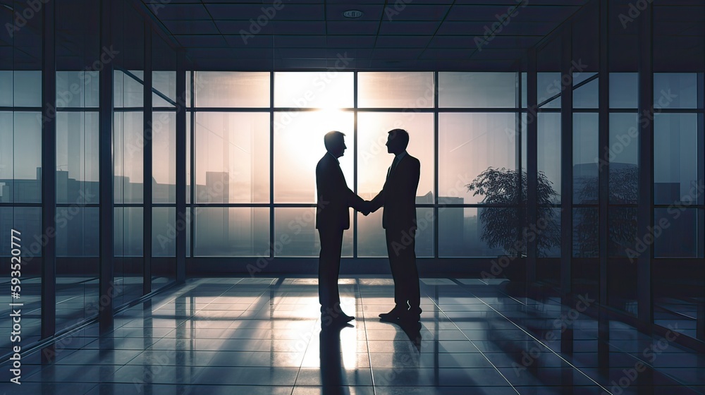 silhouettes two businessmen handshake in cooperation agreement concept at office and successful business partner. business man shaking hands to seal a deal with his partner. Generative Ai.