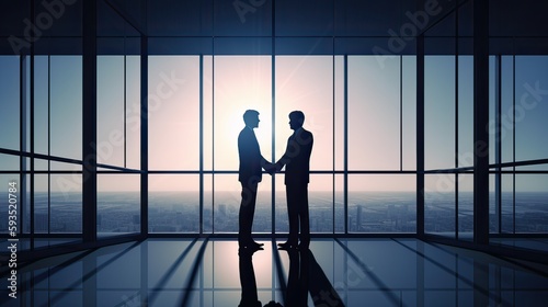 silhouettes two businessmen handshake in cooperation agreement concept at office and successful business partner. business man shaking hands to seal a deal with his partner. Generative Ai.