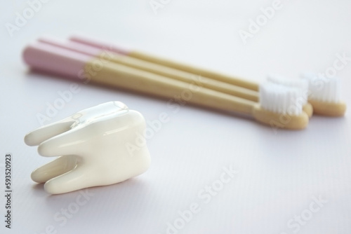 Toothbrushes with a small figure of a tooth on a light background.