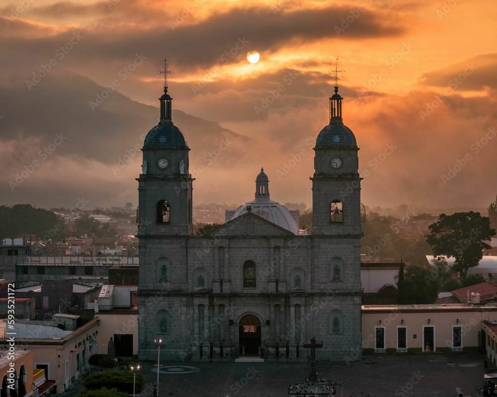 Beautiful calm sunset over the Temple of Saint John the Baptist in Tuxpan, Mexico