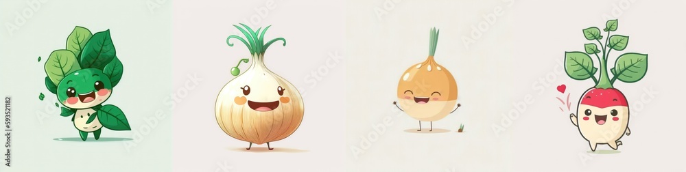 Obraz premium Happy smiling cartoon characters package set, funny cute kawaii vegetables mix stickers personages icons pack collection on color background, healthy organic diet food concept. AI generative.