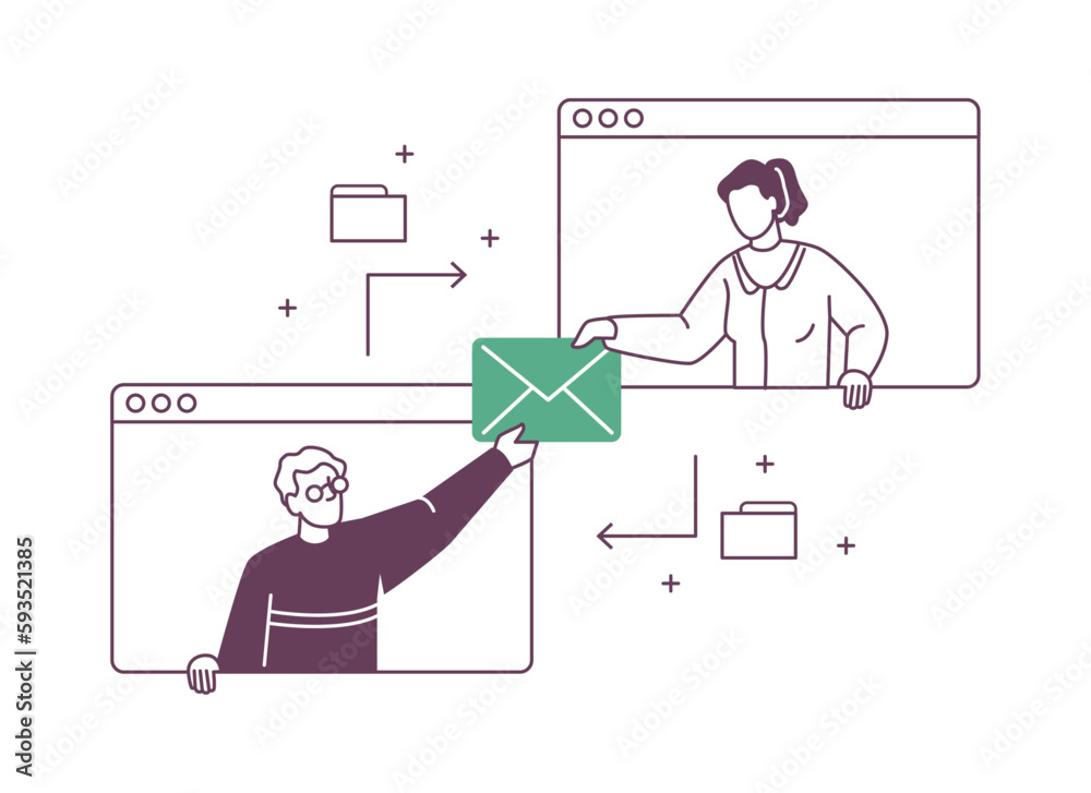 Business communication between employees or clients. Support and interaction with customers via email, company service. Vector in flat cartoon illustration Business communication between employees or clients. Support and interaction with customers via email, company service. Vector in flat cartoon illustration