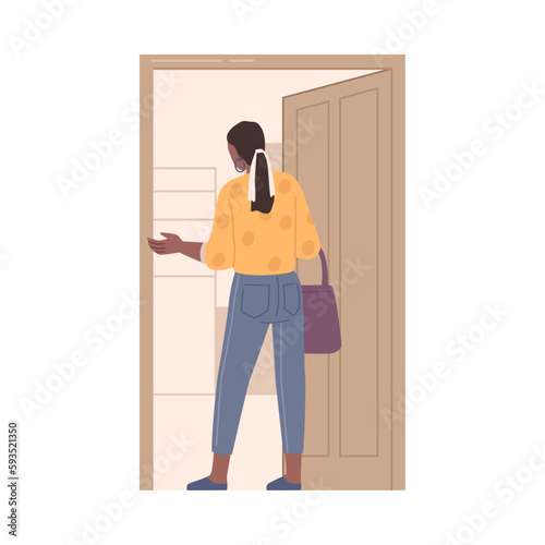 Female character opening doors, entering room or building. Woman back, girl standing in doorway entrance to house. Vector girl comes back home, flat cartoon illustration