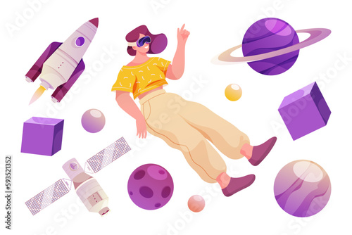 Metaverse virtual reality and interaction with objects in dimension. User experience and exploration of space galaxy. Vector planets and rockets, person in VR glasses in flat cartoon illustration