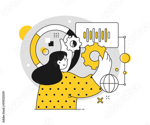 Business process, employee working on project. Analysis and statistics, analytics and tools for development of company. Vector in flat cartoon illustration