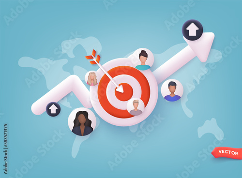 Marketing time concept. Targeting the business. Customer attraction campaign, accurate promo, advertising business. 3D Web Vector Illustrations.
